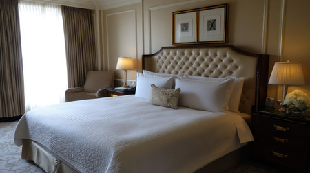 A luxury hotel bed with perfectly fluffed white pillows, crisp linens, and a stylish upholstered headboard.の素材