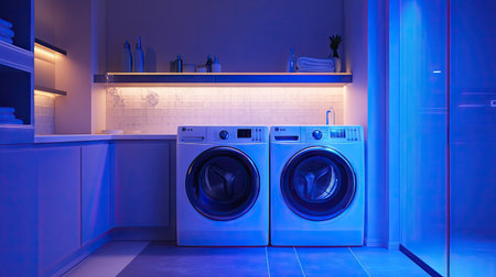 A high-tech laundry room with a smart washer and dryer, LED lighting, and a built-in detergent dispenser for convenience.の素材
