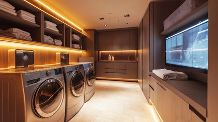 A high-tech laundry room with a smart washer and dryer, LED lighting, and a built-in detergent dispenser for convenience.の素材