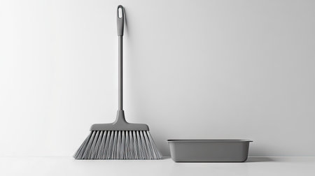 Broom and dustpan on a white background, showing basic cleaning tools in a sleek, simple setup.の素材