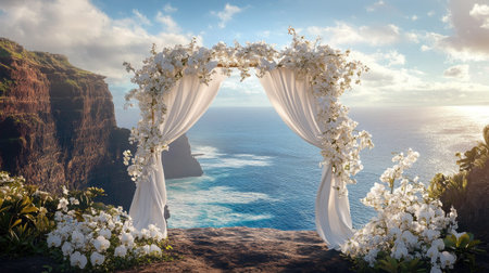 A luxurious wedding arch adorned with white orchids and draped chiffon, standing on a cliffside with an ocean view.の素材