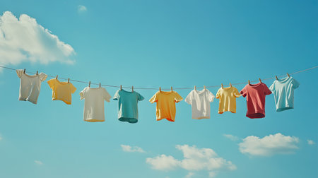 A variety of children's clothes drying on a washing line against a sunny, blue sky, capturing the warmth and cleanliness of outdoor drying.の素材