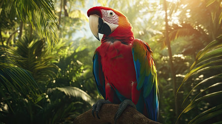 Brightly colored Macaw parrot perched on a branch, blending beautifully with a dense, green forest background in tropical sunlight.の素材
