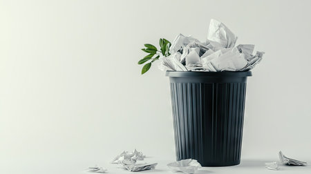 A high-resolution shot of a full trash bin, with scattered crumpled papers around, set against a neutral background.の素材