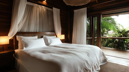 A luxury resort bed with neatly arranged white pillows and a cozy, inviting atmosphere.の素材