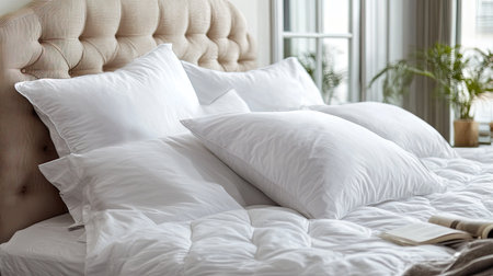 A luxury hotel bed with perfectly fluffed white pillows, crisp linens, and a stylish upholstered headboard.の素材