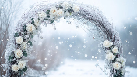 A winter wedding arch with frosted branches, white roses, and sparkling crystal accents, standing in a snowy landscape.の素材
