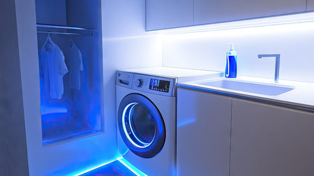 A high-tech laundry room with a smart washer and dryer, LED lighting, and a built-in detergent dispenser for convenience.の素材
