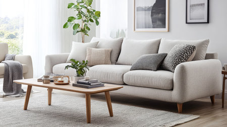 A trendy Scandinavian-inspired living room featuring a light gray sofa, neutral-toned cushions, and a wooden coffee table.の素材