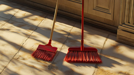 Broom and dustpan set on a tile floor, ready for cleaning, creating a sense of order and tidiness in a minimalist setting.の素材