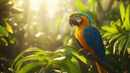 A colorful blue and yellow Macaw perched on a branch, surrounded by green leaves and sunlight, creating a vibrant tropical scene.の素材