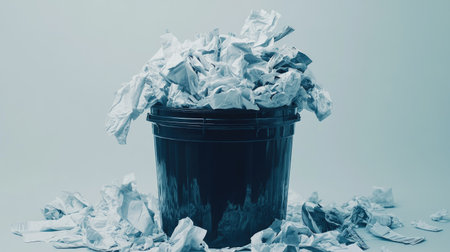 A high-resolution shot of a full trash bin, with scattered crumpled papers around, set against a neutral background.の素材