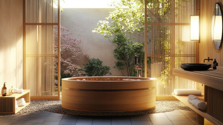 A Japanese-inspired bathroom with a wooden soaking tub, soft lighting, and a tranquil ambiance.の素材