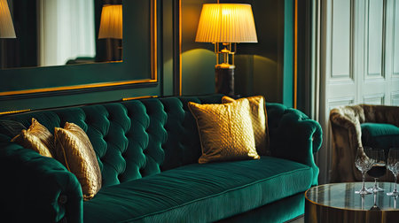 A luxurious velvet sofa in deep emerald green, complemented by gold-accented cushions, creating a sophisticated and elegant interior.の素材
