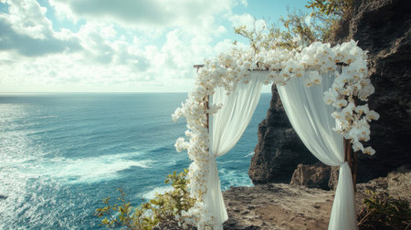 A luxurious wedding arch adorned with white orchids and draped chiffon, standing on a cliffside with an ocean view.の素材