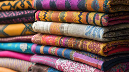 High-angle shot of vibrant cloths with repeating geometric shapes in a stack, reflecting handmade textile traditionsの素材