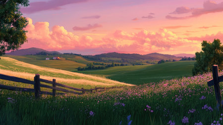 The soft glow of twilight settles over a peaceful countryside, with rolling green fields fading into the warm, colorful horizon.の素材