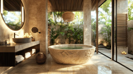 A luxurious resort-style bathroom with a stone bathtub, ambient lighting, and an open-concept design.の素材