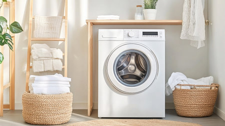A laundry room with a Scandinavian-inspired design, featuring light wood accents, a white washer, and minimalist dcor.の素材