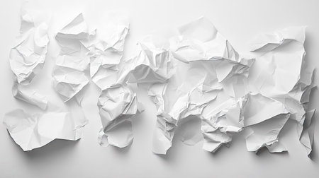 Multiple pieces of crumpled white paper, randomly spread out on a pure white backdrop.の素材
