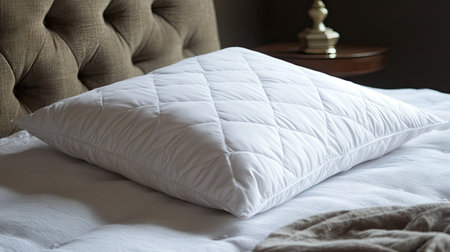 A luxurious white pillow resting on a neatly made bed with crisp linens, set in a serene and elegant bedroom.の素材