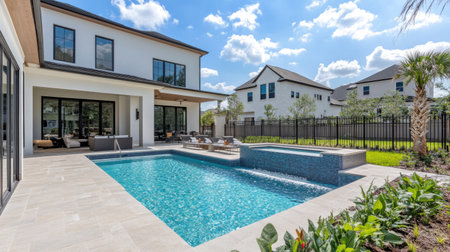 Clean, inviting pool in a modern villa backyard, with lush greenery and sleek design, capturing the peacefulness of a private retreat.の素材