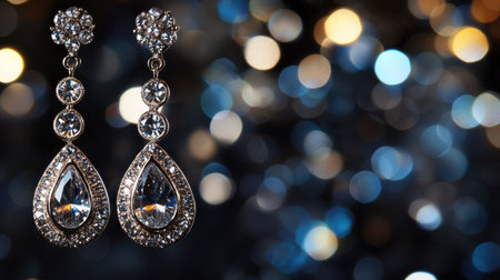 Beautiful diamond chandelier earrings for women, sparkling on a dark background, capturing the sophistication of fine jewelry.の素材