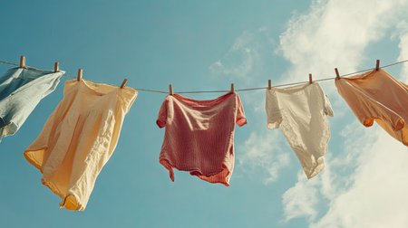 Casual garments blowing in the wind on a washing line with a blue sky and light clouds, perfect for eco-friendly laundry themes.の素材