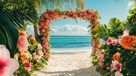 A tropical wedding arch with vibrant pink and orange flowers, framed by palm trees, set on a white sandy beach.の素材
