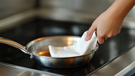 A kitchen scene featuring a person cleaning a shiny stainless frying pan with a soft white napkin.の素材