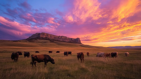 The golden hour illuminates a vast pasture, with cows grazing peacefully under a breathtaking sunset sky filled with soft pink and orange hues.の素材