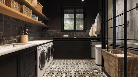 A laundry room with a stylish black and white theme, featuring patterned tile flooring and a neatly organized counter space.の素材