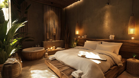 A luxury spa retreat bedroom with soft white pillows and natural textures creating a peaceful, cozy setting.の素材