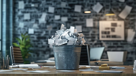 A workspace concept featuring an overflowing paper wastebasket, with a modern, professional background.の素材