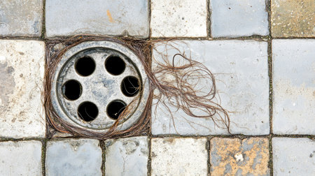 Bathroom drain with hair strands tangled around it, showcasing cleaning and maintenance issues.の素材