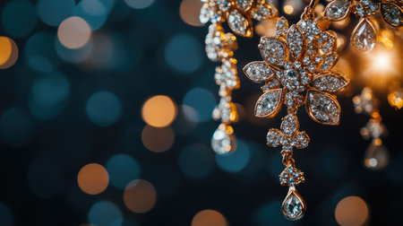 Beautiful diamond chandelier earrings for women, sparkling on a dark background, capturing the sophistication of fine jewelry.の素材