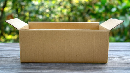 Cardboard box open and empty on a wood table, showing flaps spread wide, ideal for a shipping, delivery, or moving theme.の素材