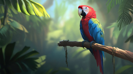 Bright red Macaw parrot with blue feathers sitting on a branch, showcasing stunning colors against a blurred jungle background.の素材