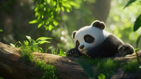 Baby panda sleeping on a log with a peaceful expression, surrounded by green foliage, showcasing its adorable, sleepy side.の素材