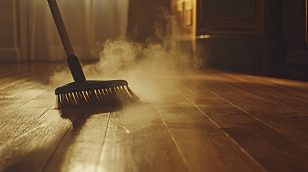 Broom sweeping dust into a dustpan on a hardwood floor, focusing on the action of cleaning and home maintenance.の素材