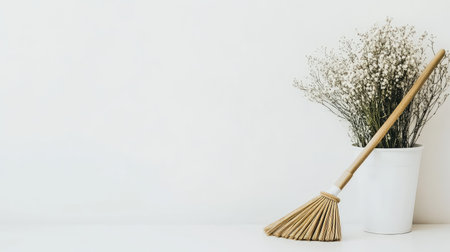 Broom and dustpan on a white background, showing basic cleaning tools in a sleek, simple setup.の素材