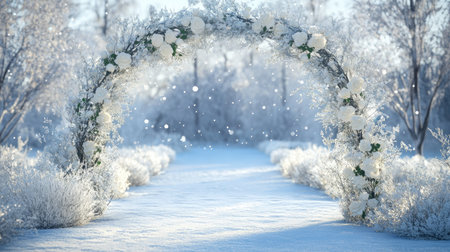 A winter wedding arch with frosted branches, white roses, and sparkling crystal accents, standing in a snowy landscape.の素材