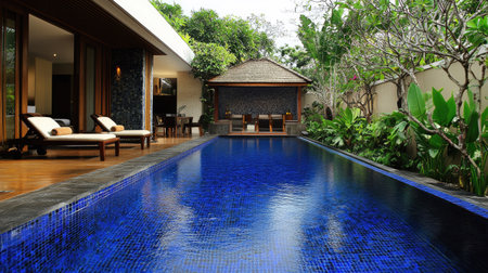 Blue pool at a contemporary villa, surrounded by tropical plants and minimalist decor, showcasing a peaceful and relaxing vibe.の素材