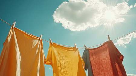 Casual clothes in various colors drying on a clothesline with a bright, sunny sky above, capturing an eco-friendly laundry scene.の素材