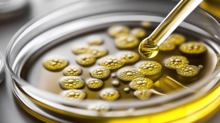 A close-up view of a Petri dish filled with bacteria colonies on an agar plate, capturing the microscopic world on a sterile background.の素材
