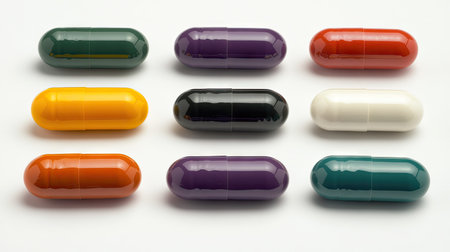 Close-up of various colorful pills and capsules on a white background, representing health, medicine, and pharmaceutical care.の素材