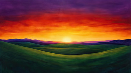 The sun dips below the horizon, casting long shadows across an endless green field, as the sky transitions from fiery orange to deep violet.の素材