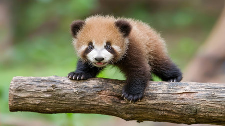 Baby panda climbing on a log, using its tiny paws, displaying both innocence and a playful personality in the forest.の素材