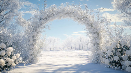 A winter wedding arch with frosted branches, white roses, and sparkling crystal accents, standing in a snowy landscape.の素材