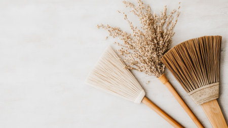 Broom and dustpan arranged on a light background, highlighting the essentials for a clean, well-kept home.の素材